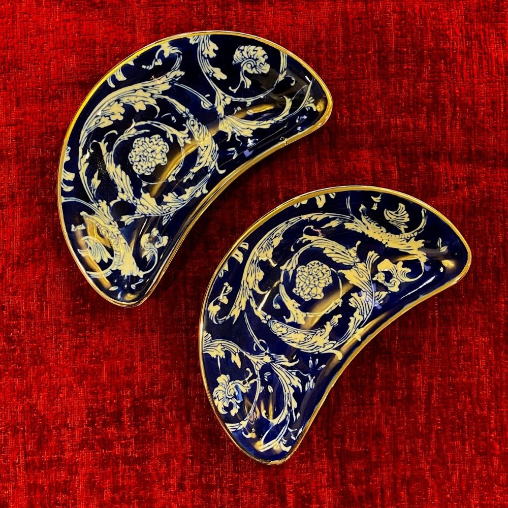Vintage Cobalt Blue & Gold Filigree Crescent Moon Dishes - Set of 2